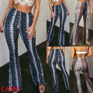 Women Bell-Bottom Pants Long Fashionable Patterns High Waist Slim-Fit Pants Womenswear Elastic Essential Love Blue Polyester Trouser Wideleg Casual
