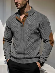 Men's Autumn Winter Warm Patchwork Knit Sweater, Business Casual Fitted Half Buttoned Knitwear Pullover, Elbow Wear Resistant, Daily Commute Top