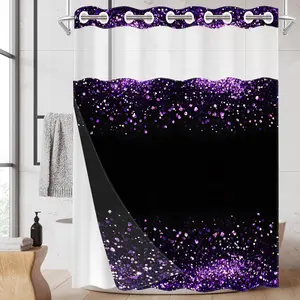 1PC 2D Flat Purple-Pink Gradient Glitter Pattern Double-Layer Woven Shower Curtain (No Hooks), Transparent Top Window, Removable Liner with Clips, Modern and Unique Home Bathroom Partition Art Decoration, Bathroom Decor, Holiday Decoration