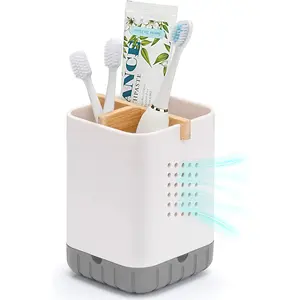 Boperzi Toothbrush and Toothpaste Holder with Bamboo Divider for Bathroom Countertop Organizer, Plastic Detachable Anti-Slip Large Electric Toothbrush Holders Storage Caddy Drainage for Family, Kids Boperzi