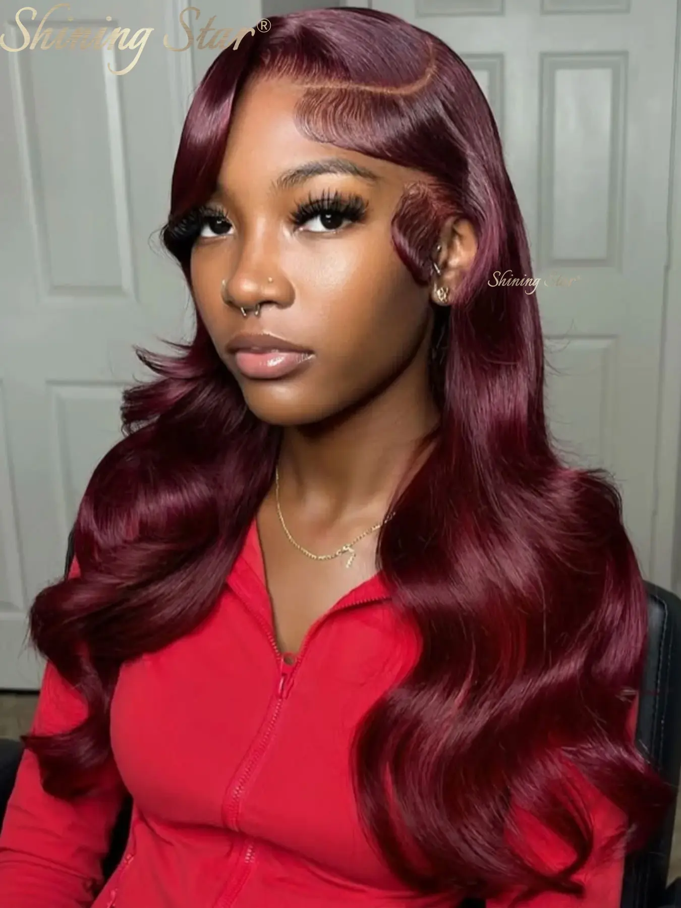 Wig Red wine Burgundy Curly hair Blende Lacefront BURGUNDY RED WINE - Swiss Lace Front Wig - Deep Part - Long  main image 3