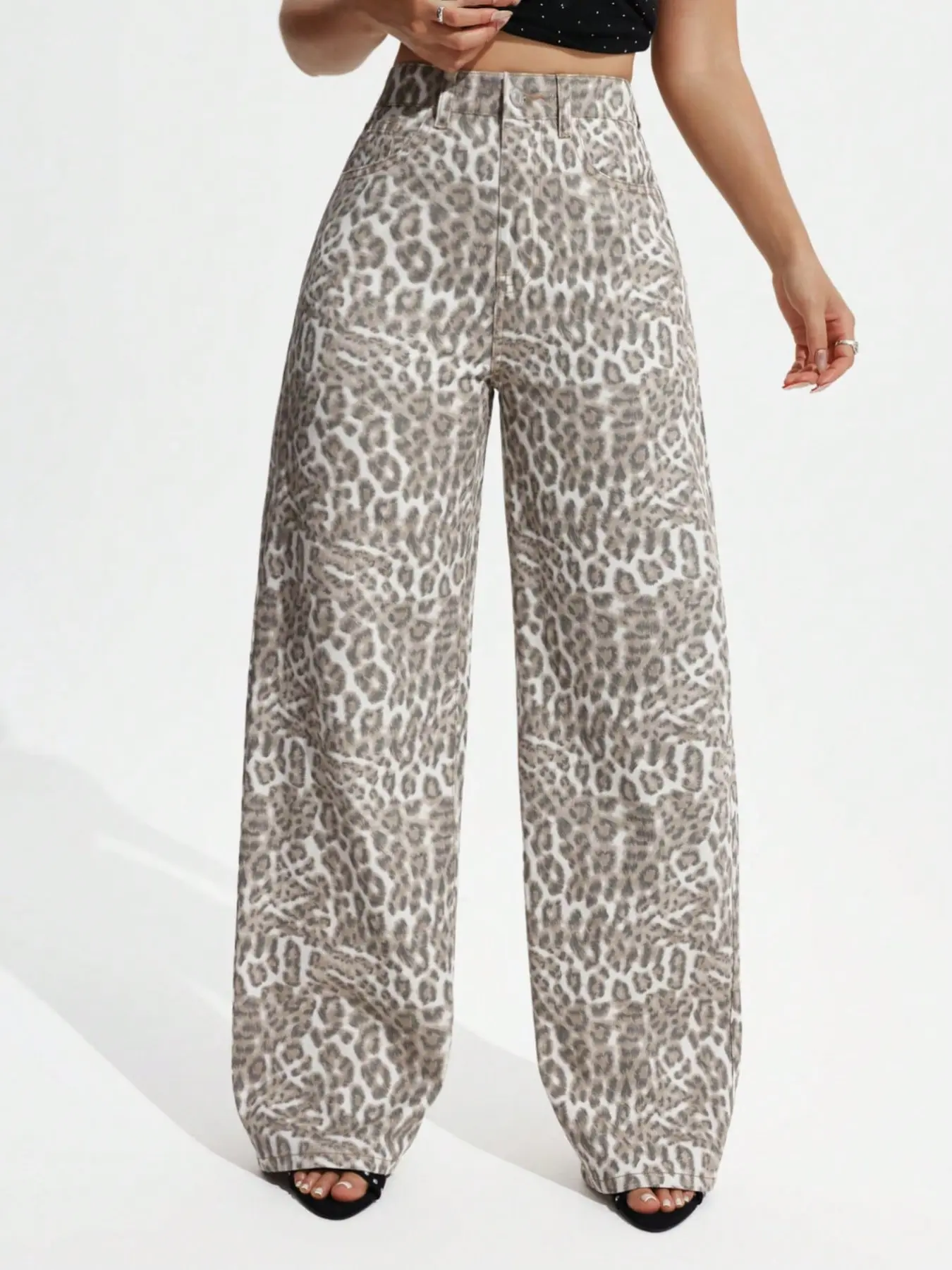 Vintage Leopard Print High Waist Wide Leg Denim Jeans Loose Drape Floor Length Streetwear Casual Elegant Fashion Pants For Women Womenswear Bottom