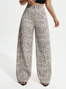 Vintage Leopard Print High Waist Wide Leg Denim Jeans Loose Drape Floor Length Streetwear Casual Fashion Pants For Women