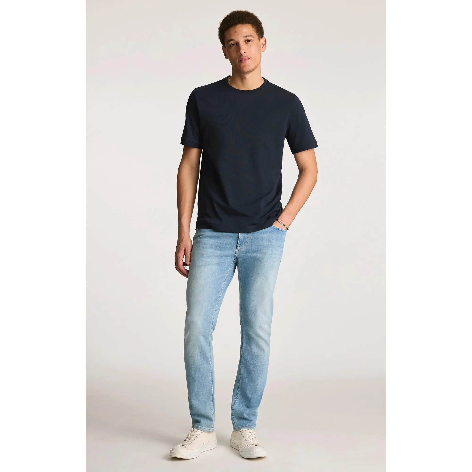 Women's Denim Jeans, JAKE Regular Rise Slim Fit Leg, Light Foggy Feather Blue, Whiskered Wash, Menswear, Imported Denim
