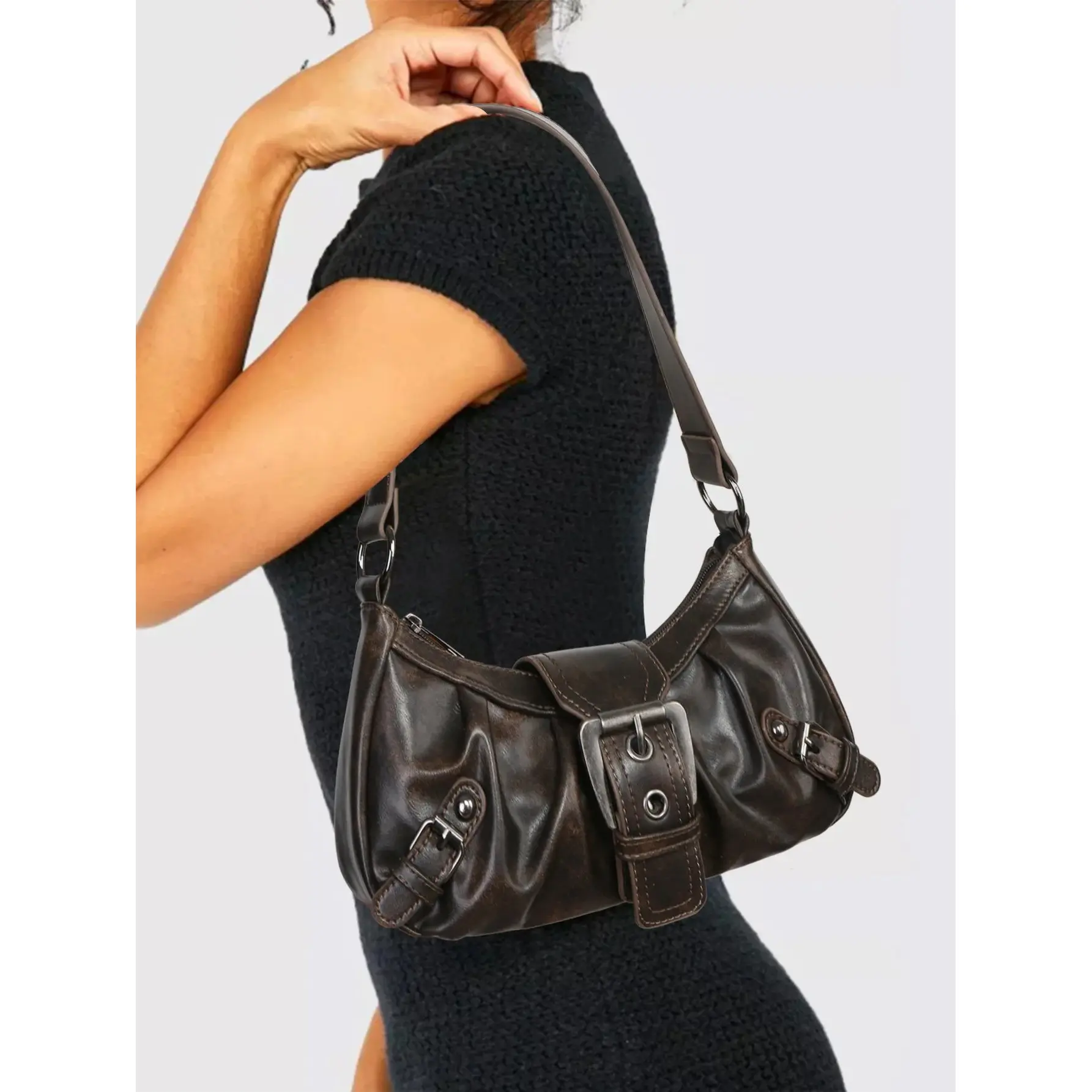 Y2K Punk Style Hobo Bag – Studs & Buckles Shoulder Bag for Women