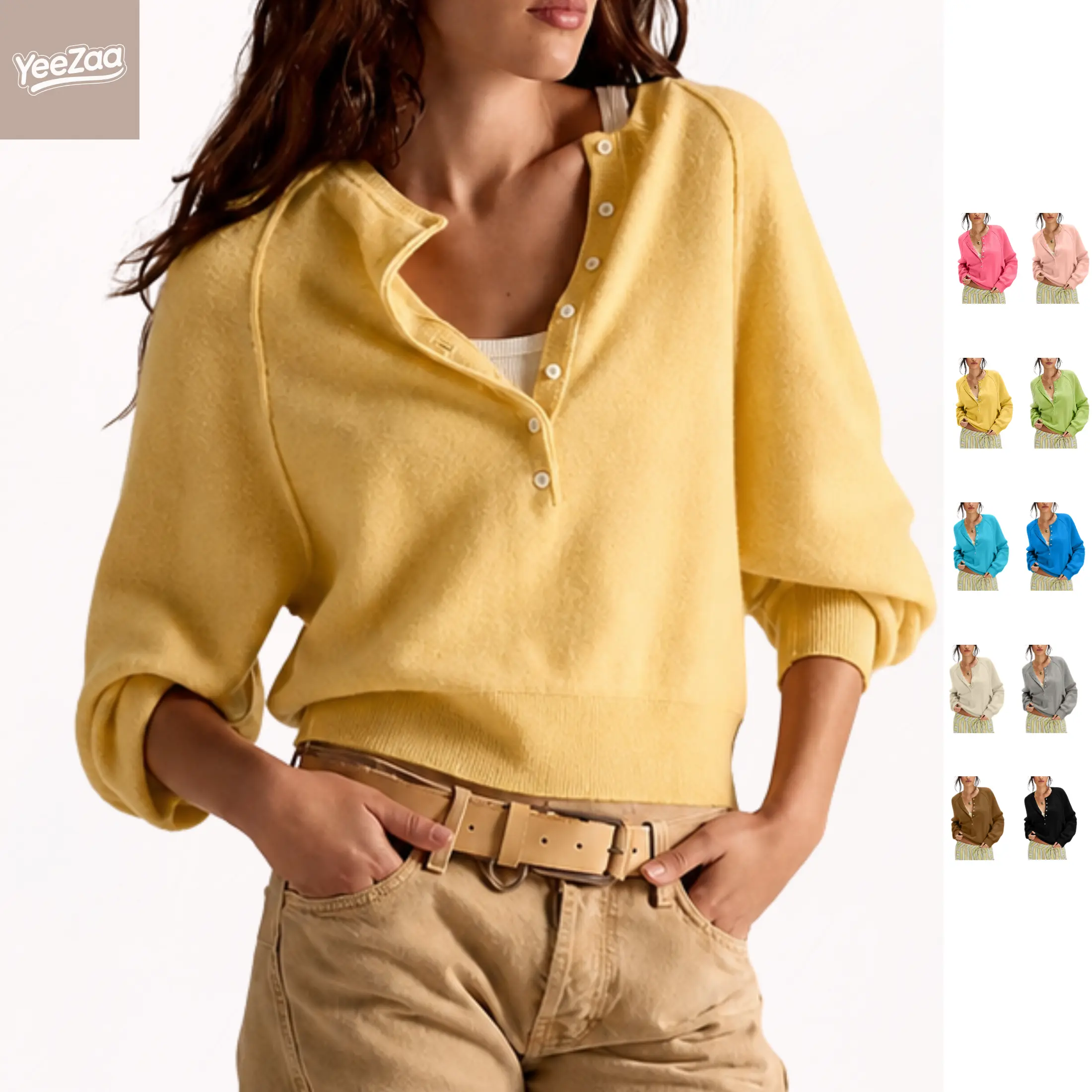 YeeZaa Knit Henley Sweater for Women Casual Long Sleeve Half Button Up Henley Neckline Loose Drop Shoulder Pullover Fit Cozy Soft Lightweight Tops 2026 Fall Winter Trendy Work Daily Outfits Fashion Clothing