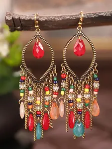 Boho Style Hollow Out Water Drop & Tassel Design Cubic Zirconia Dangle Earrings, with Beaded Decor, Fashionable Jewelry for Women, Daily Clothing Decor, Trendy All-match & Exquisite Jewelry for Birthday Gift