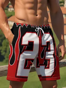 Flame Shorts with Number 23 Print, Fitted Casual Style, All over Print Design, Drawstring Feature, Short Pants for Men