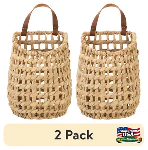 (2 pack) BHG Water Hyacinth Hanging Basket with Faux Leather Strap