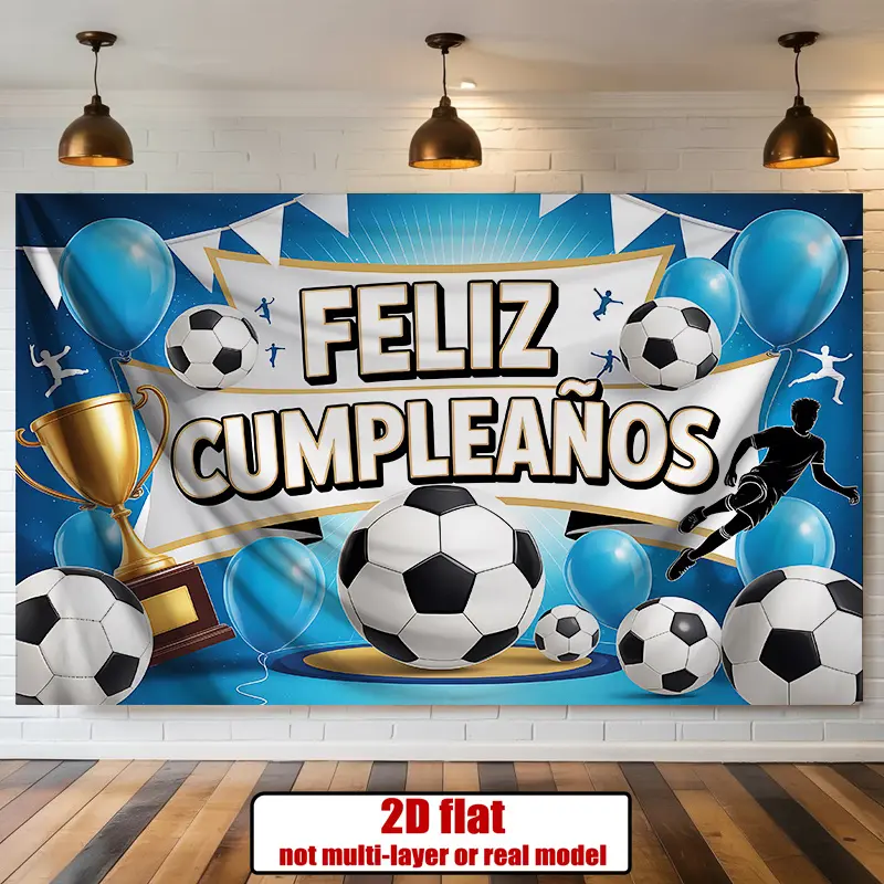 1pc 2D Flat Football Banner with Spanish "Feliz Cumpleaños" Text - Easy Hanging Polyester Wall Hanging, Football Theme Spanish Birthday Party Decorations, Trophy & Balloon Backdrop, Soccer Cutouts