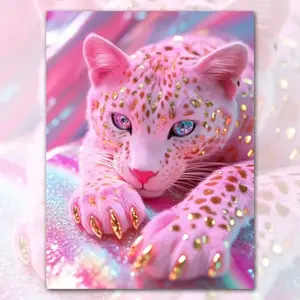 Pink Leopard Diamond Painting Set for Beginners DIY Lucky Animal 5D Square/Round Full Diamond Art Waterproof Embroidery Dot Cross Stitch Kit for Adults Home Wall Decor Festival Gift - Kitty