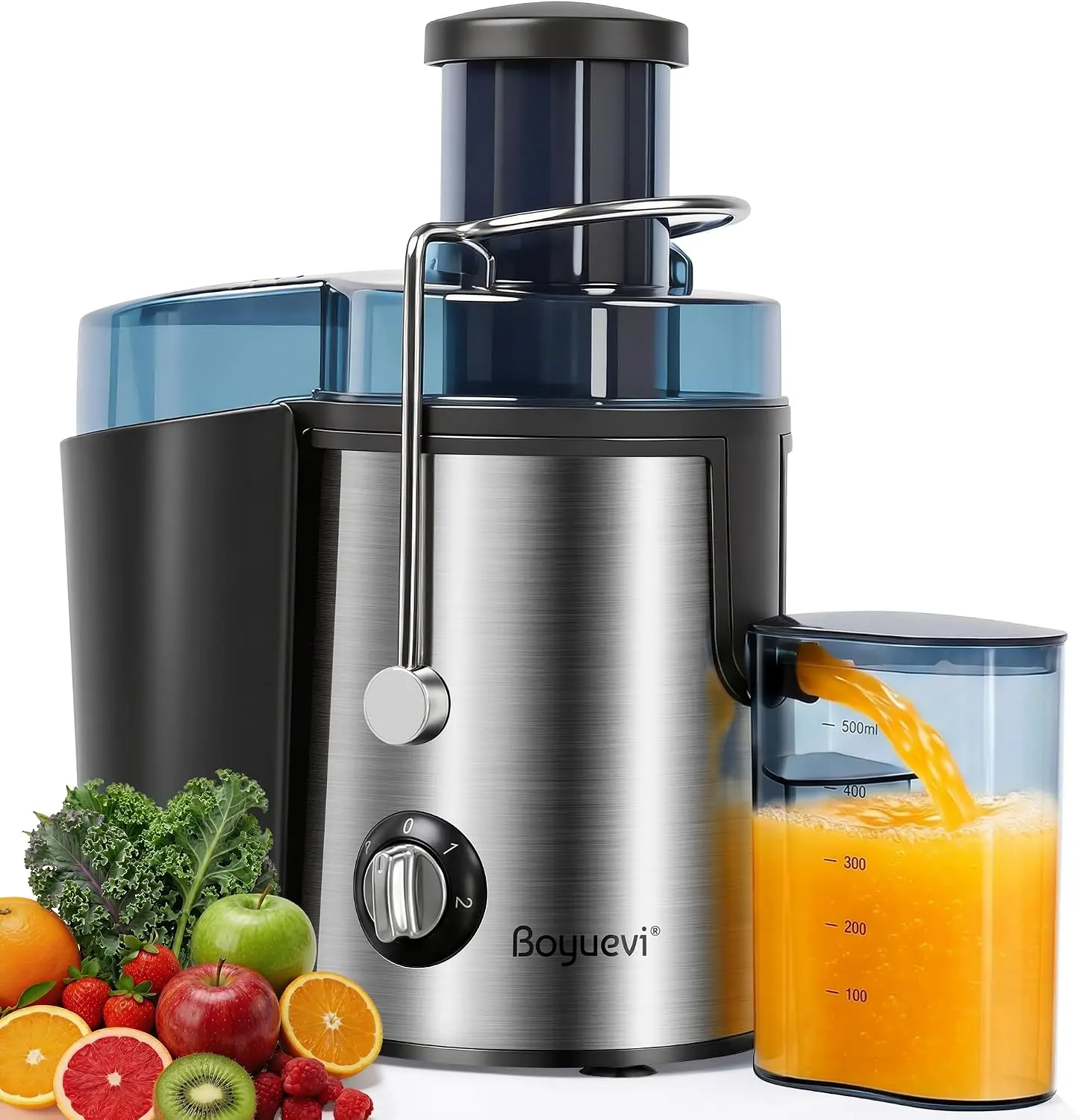 Centrifugal Juicer Machine, 800W Household Kitchen Appliance for Whole Fruits and Vegetables, 3-Inch Wide Feed Chute, Easy-to-Clean, Silver