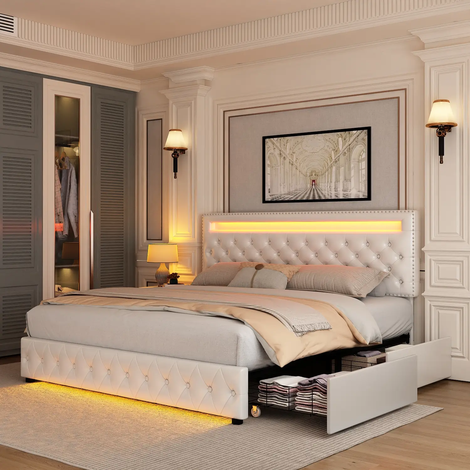 Queen Led Smart Bed Frame with 4 Storage Drawers, Smart Controls RGBW LED Adjustable Headboard, Control DIY Colors, No Springs Required, Velvet Beige