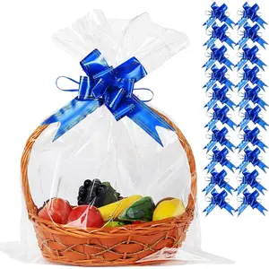 50 Packs Large Cellophane Bags 18" x 24" Clear Cellophane  Basket Wraps 2.3 Mil Thick Transparent Cello Bags for Fruit Basket,  Wrap, , Arts and Crafts, 50ct Blue Ribbon Bows