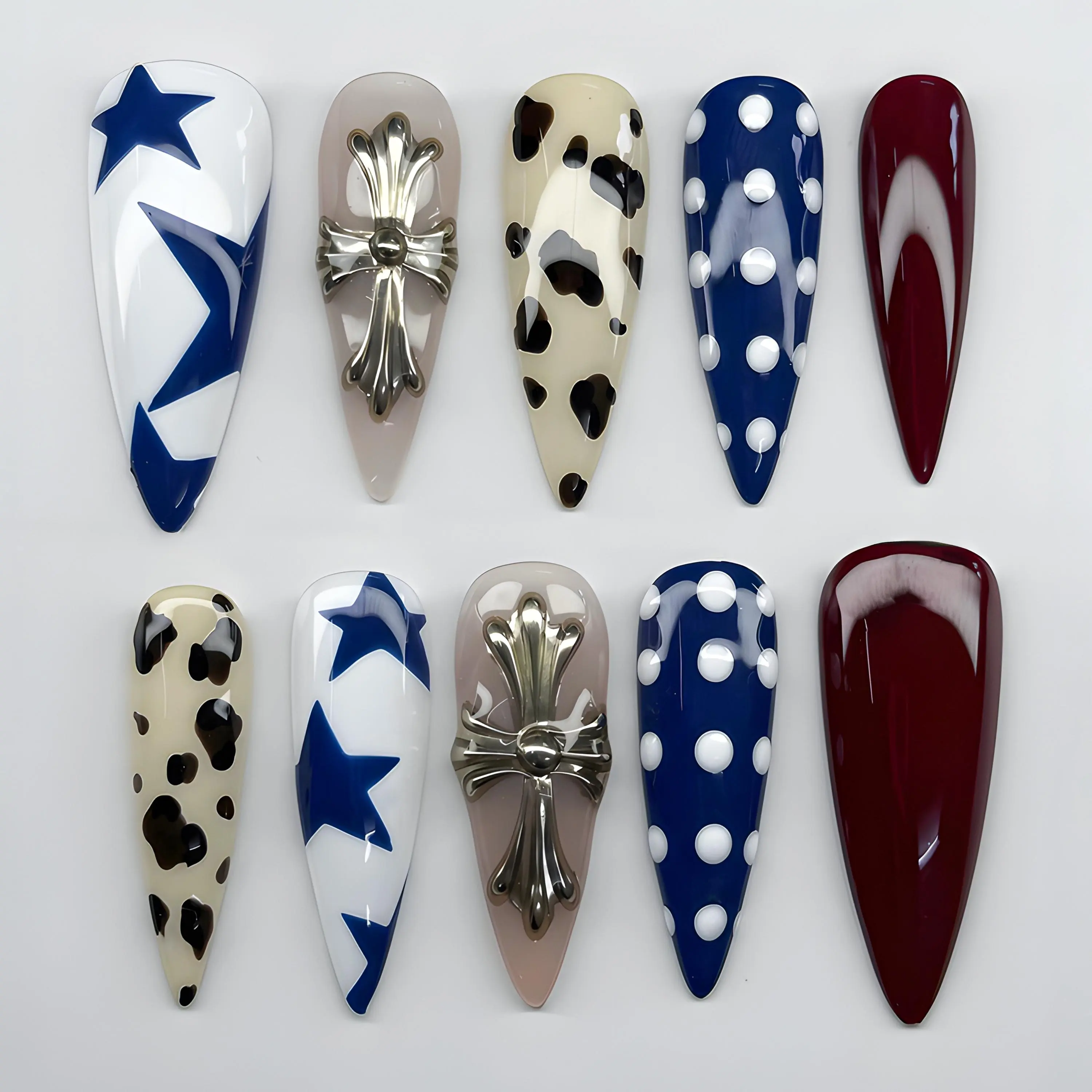 Y2K Chrome Cross Press On Nails, Blue Star and Cow Print Nail Set,3D Chrome Cross & Polka Dot Nails, Y2K Street Style Nails