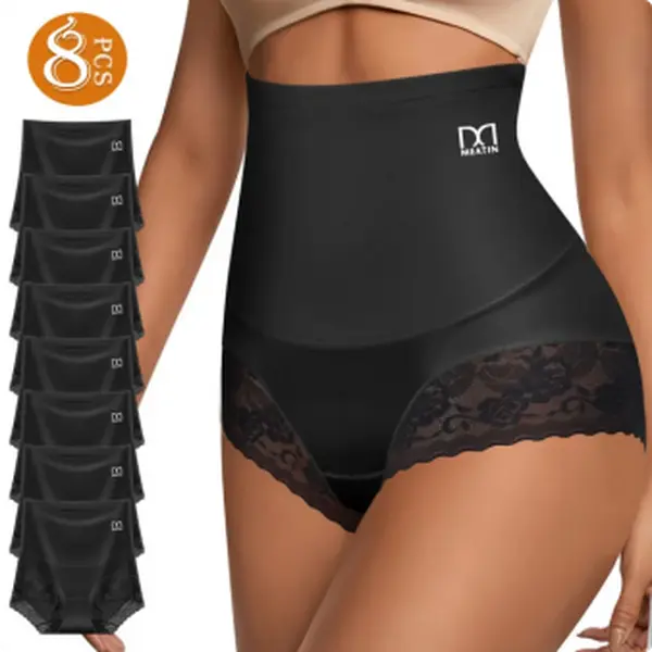 QUASTI 8-Piece Black Elegant High-Waisted Panties, Sexy Lace Boxer Briefs, Tummy Control & Hip Lifting, Full Coverage, Soft, Breathable, Skin-Friendly Shaping Womenswear Panties, Sizes S-XXL, Preppy