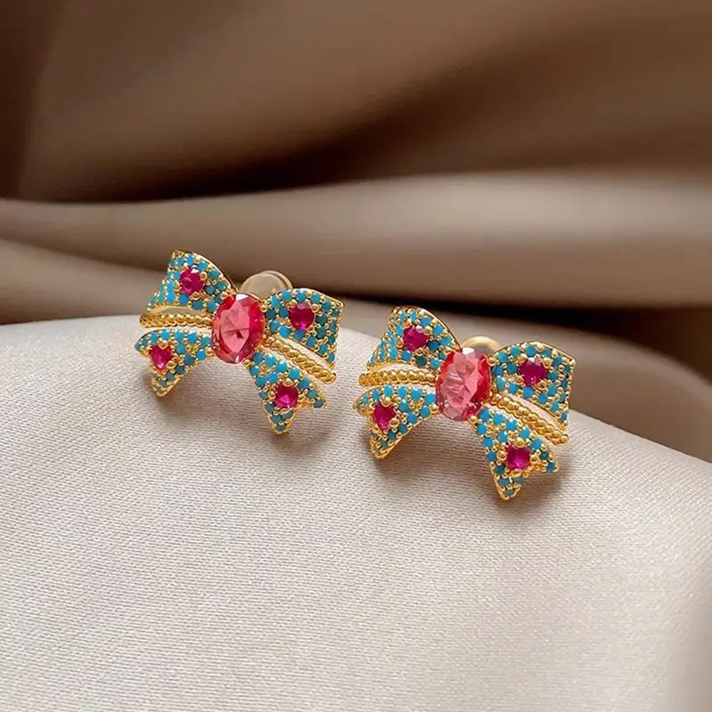 Vintage Bow Stud Earrings with Blue Synthetic Zirconia, Minimalist 2-Piece Set, Trendy Jewelry for Women, Artificial Zirconia Earrings, Fashionable Jewelry Accessories, Two Piece Set