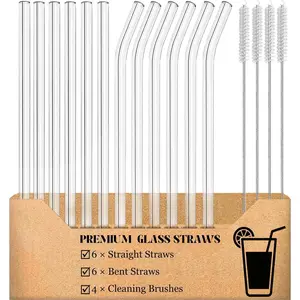 16-Pack  Glass Straws Set, 8.5''x10MM Clear Glass Drinking Straws, 6 Straight and 6 Bent with 4 Cleaning Brush,  for Smoothies, Coffee, Juice, , Milk,
