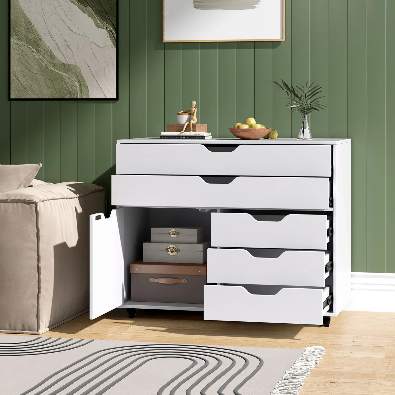 COSTWAY - Modern Vertical 5-Drawer Mobile Chest with Door 5 Casters-White