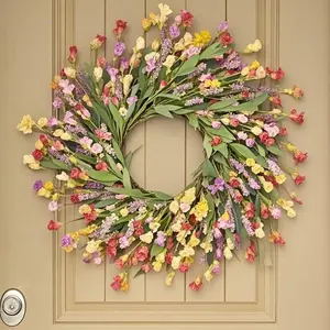 Artificial Floral Wreath with Wildflowers - 24 Inch Not Withering Summer Decor for Front Door - Farmhouse Porch Window Wall Hanging - Indoor Outdoor Home Decor - Red Orange Purple Easter Wreath