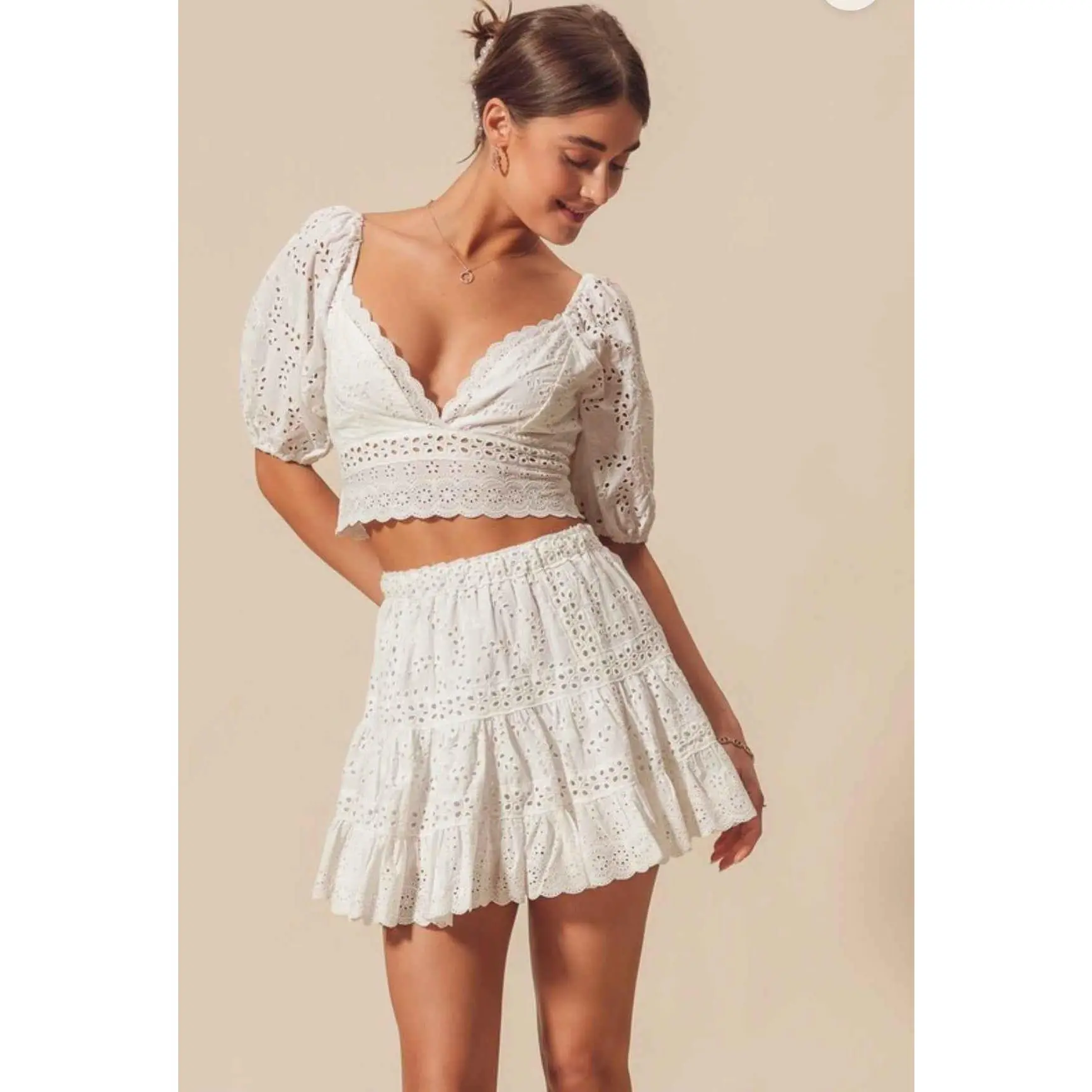 Avery White Eyelet Top & Skirt Set