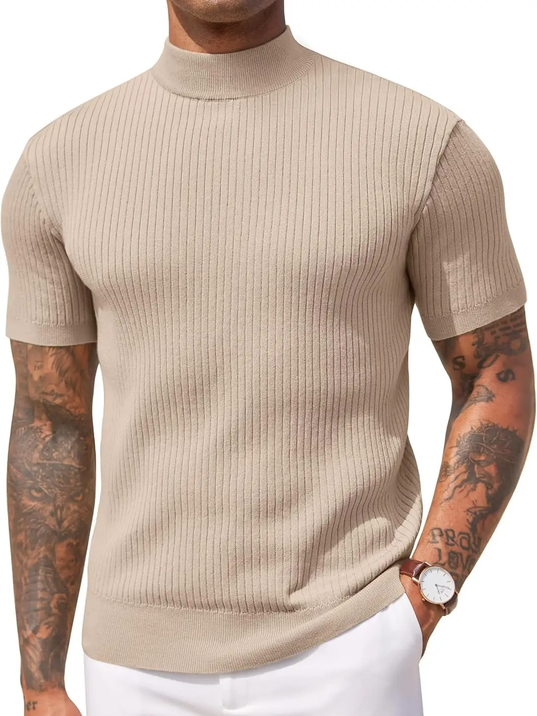 COOFANDY Men's Mock Turtleneck Sweater Short Sleeve Casual Basic Tops Ribbed Knit Pullover Solid Tee