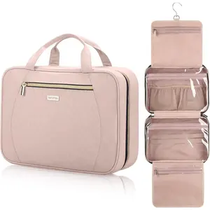 Travel Toiletry Bags with Hanging Hook for Full-size Toiletries, Brushes Set, Cosmetics - Medium Pink