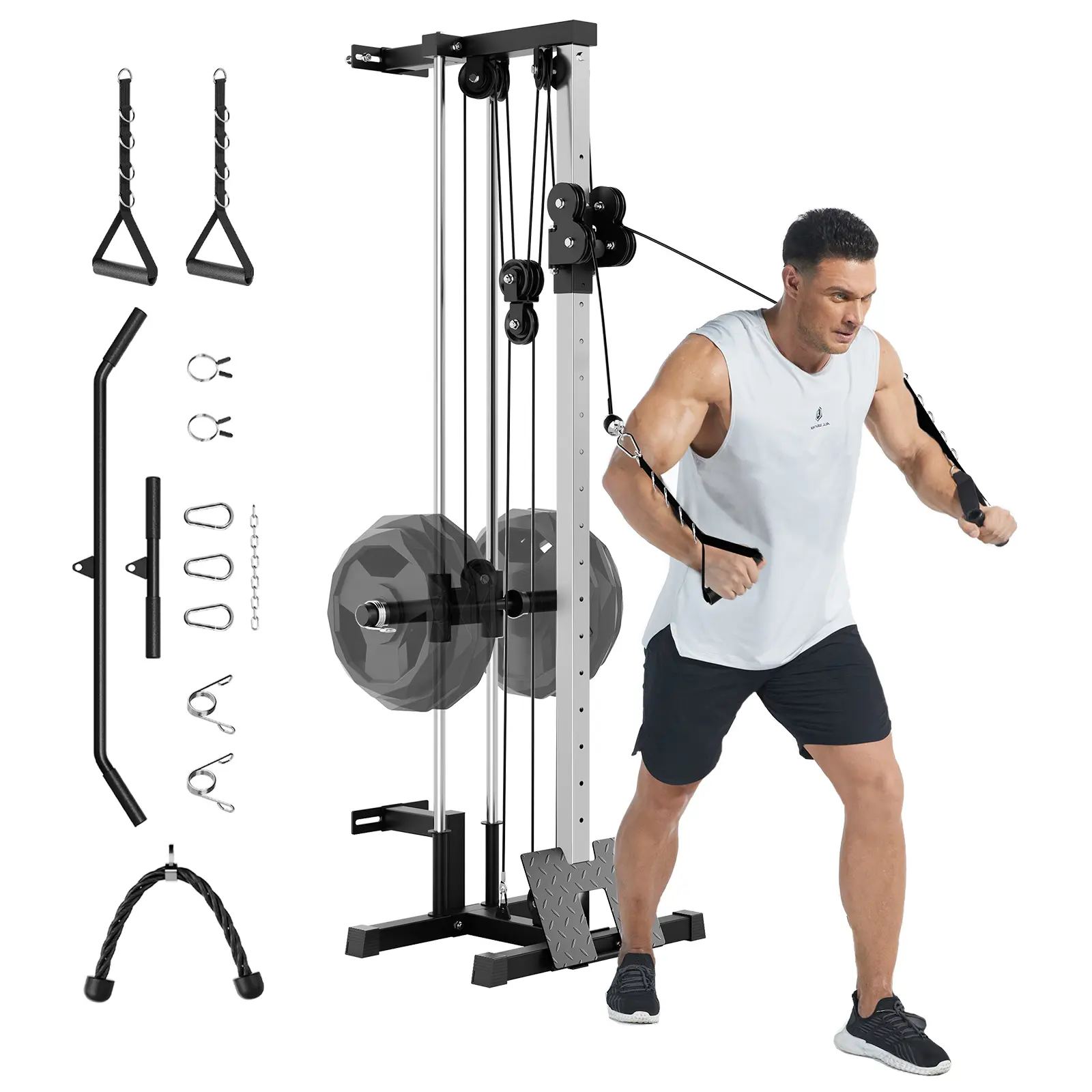 LAT Pulldown Machine with 19 Positions Dual Pulley, 400LBS Capacity Cable Crossover Machine with Footplate T-Bar Tricep Rope Attachments, High-Density Carbon Steel Space Saving Strength Workout Equipment for Home Gym Garage pullover
