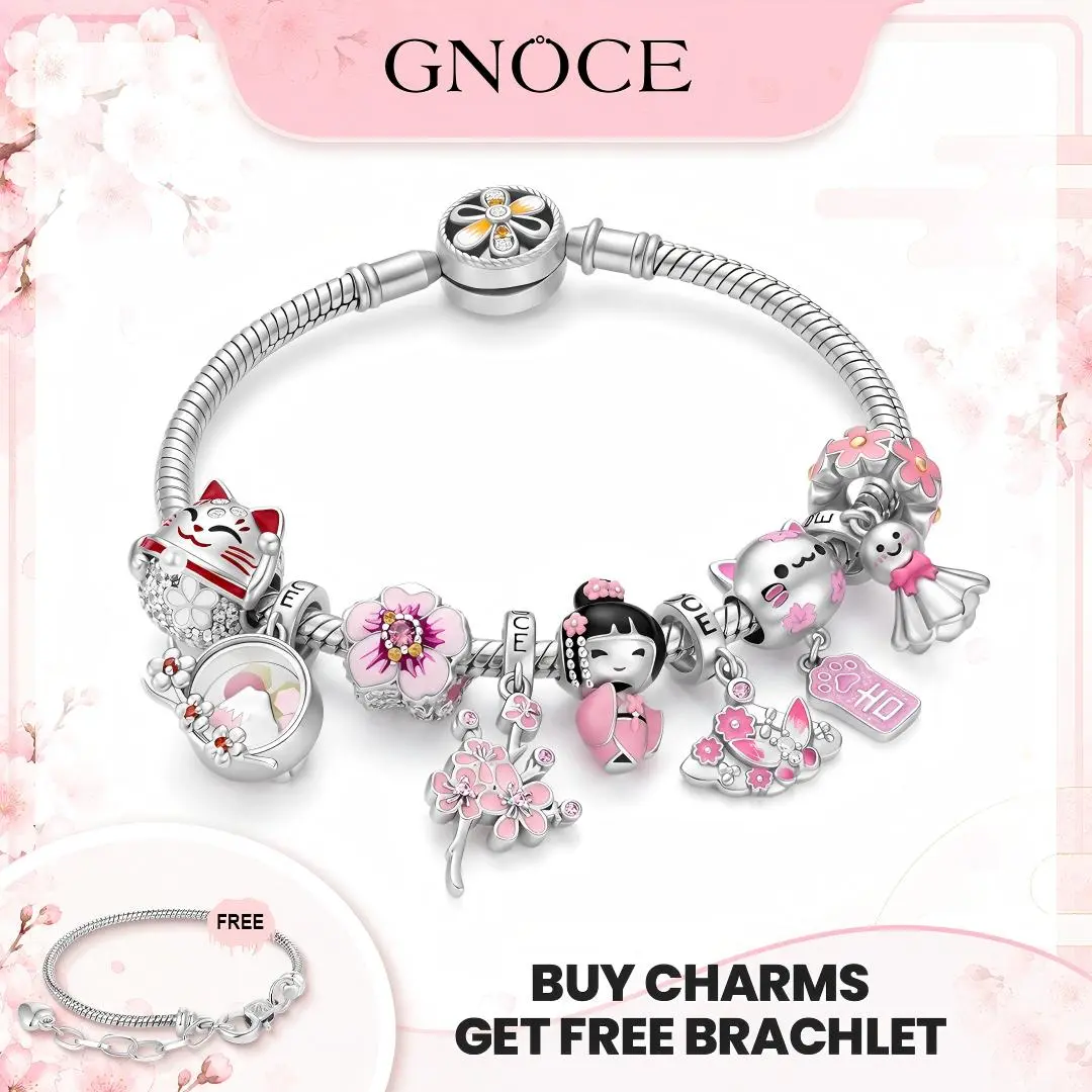 GNOCE Japanese Dangling Charm,  Sterling Silver Cubic Zirconia Pendant with Lucky Cat, Torii Gate & Sakura, Fits Charm Jewelry Bracelets & Necklaces for Women, Dangling Charms Necklace