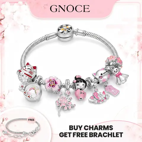 GNOCE Sterling Silver Japanese Animal Dangling Charm - Cubic Zirconia Pendant with Lucky Cat, Torii Gate, Sakura - Women's Jewelry for Birthday, Casual Use, Fits Major Brand Snake Bracelets & Necklaces