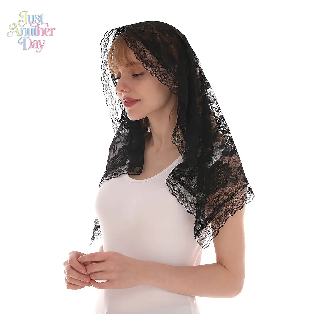 Sheer Black Rose Lace Triangle Headscarf, Floral Embroidered Mesh Veil with Lace Edges, Lightweight and Elegant, Great for Church, Weddings, Photoshoots, and as a Stylish Everyday Accessory