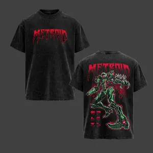 Metroid Dread Horror Graphic T-Shirt, Samus Aran Alien Boss Vintage Washed Tee, Sci-Fi Game Streetwear Shirt, Dark Gamer Oversized Unisex Tee