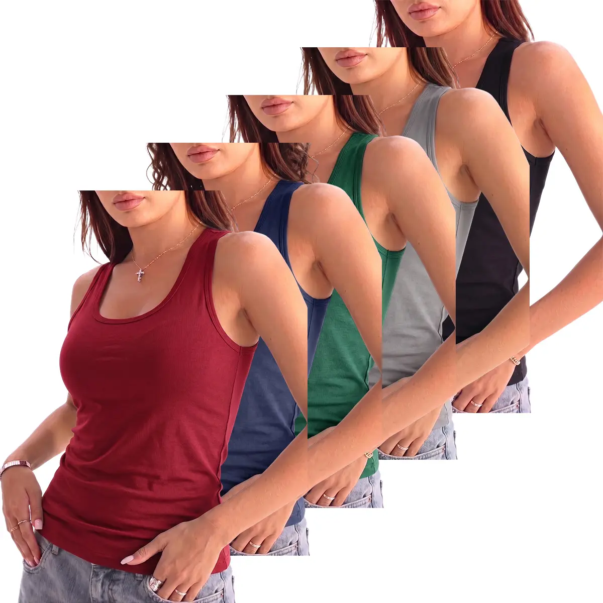 JOGWAVE Women’s Casual Minimalist Slim Fit Sleeveless Cropped Tank Top, Set of 5 — Breathable Summer Top, Lightweight Ribbed Knit Tank, Versatile Layering Piece, Women’s Clothing