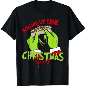 Rolling Up Some Christmas Spirit Xmas Santa Pajamas Holiday T-Shirt, 100% Cotton, Single Side Printed, Black Short Sleeve T-shirt, 1 pc, Christmas Halloween Thanksgiving Gift