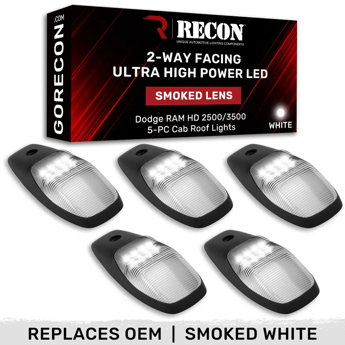 RECON Dodge 2019-2025 RAM 2500/3500  5 Piece Cab Roof Light Set 2-Way Front & Rear Facing Ultra High-Power LEDs Multiple Options (Replaces Factory/OEM Only)