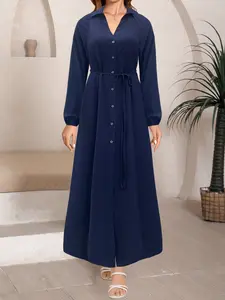 Autumn Winter New Modest Traditional Women's Dress, Collar Full Button Front Long Sleeve Maxi Dress, Simple Style Basic Minimalist Daily Wear, Loose, Casual Wear