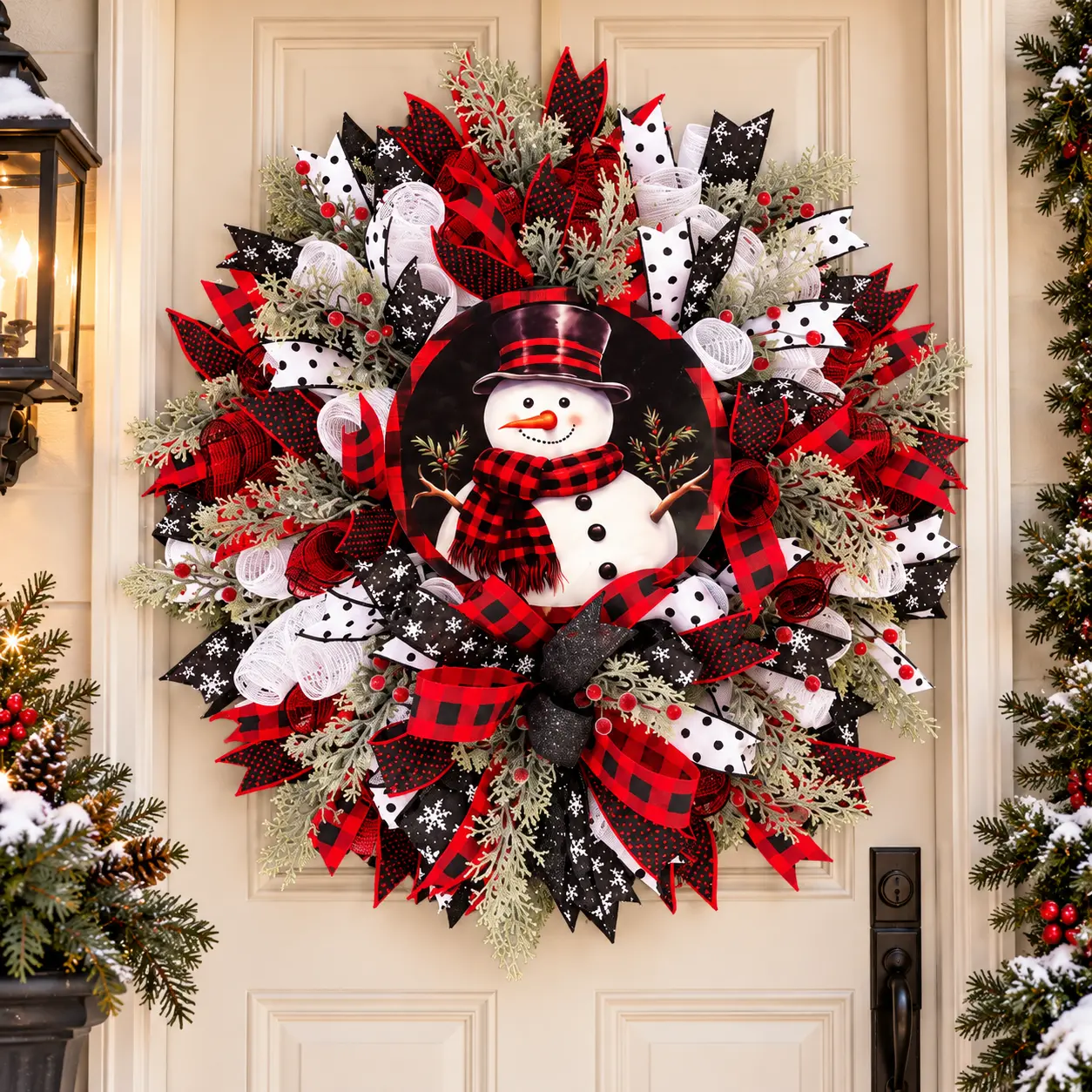 Christmas Snowman Wreath for Front Door Decor, Large Red Black White Buffalo Plaid Deco Mesh Wreath with Center Snowman Sign, Polka Dot Ribbon Bows & Winter Berries, Artificial Xmas Door Hanger Wall Porch Home Farmhouse Winter Outdoor Holiday Decoration