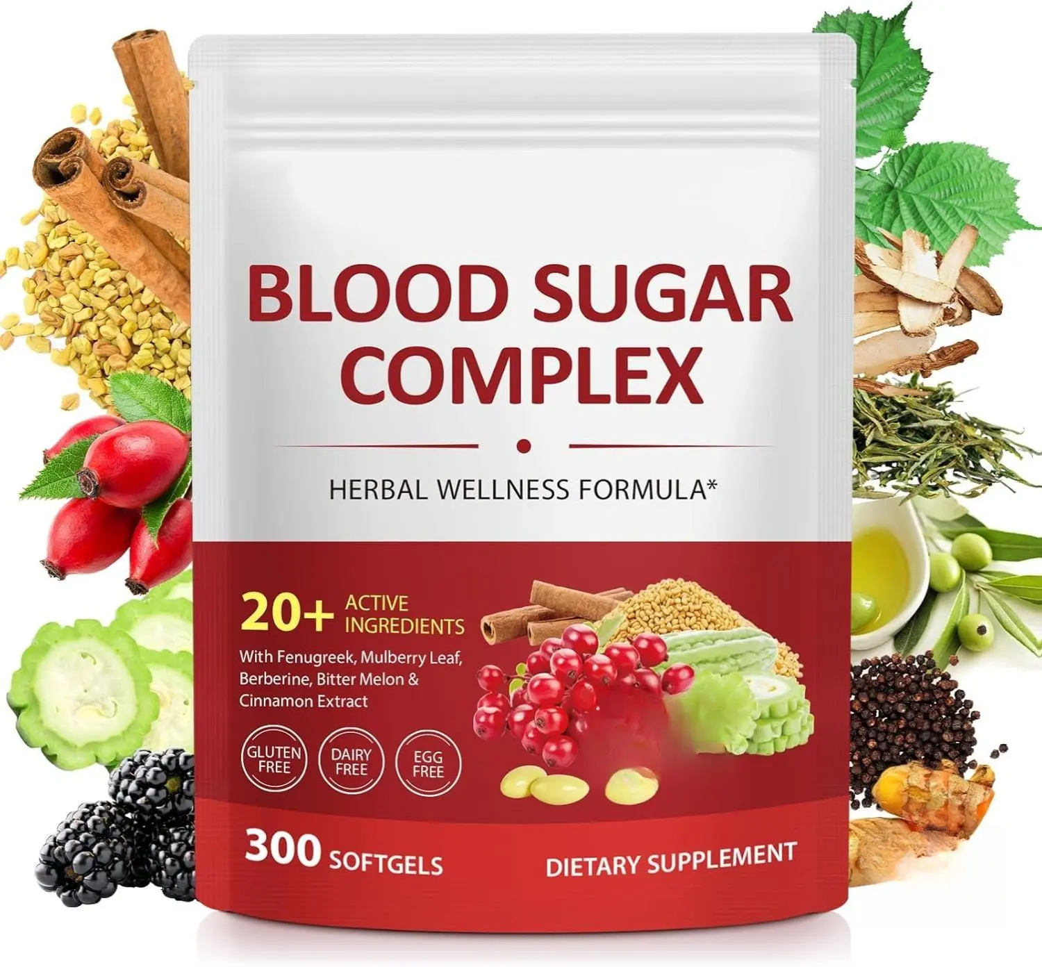 300 Softgels Blood Sugar Complex Supplement | 20+ Active Natural Herbs-Cinnamon, Bitter Melon, Mulberry Leaf, Fenugreek, Berberine, Vitamins for Energy Level, Vitality Support | Clean Ingredients