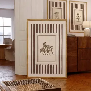 Cowgirl Horseback Riding Print with Brown Rustic Stripes, Retro Western Coastal Wall Art, Vintage Rodeo Neutral Wall Decor