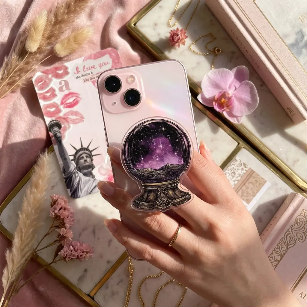 Gothic Celestial Crystal Ball Phone Grip, Purple Galaxy Nebula Stand, Witchy Stars Mobile Acrylic Holder, Mystic Occult Magic Gift For Bookworms