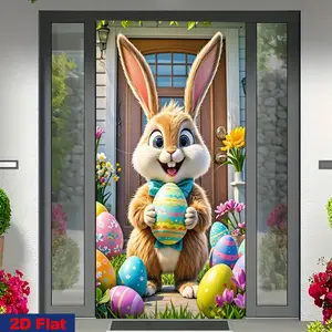 1PC 2D Flat Easter Door Banner - Reusable Polyester Hanging Cloth, Cartoon Bunny with Colorful Print, Home Backdrop for Easter, Birthday & Festival Party Supplies