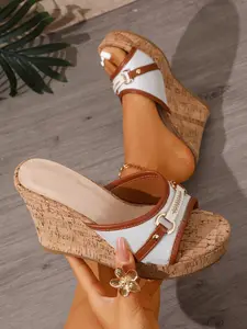 Women's Summer Fashion Colorblock Bamboo buckle  Knit Mesh Breathable Wedge Platform Sandals, Slip-On Round Toe Open Toe Comfort Thick Sole High Heels, Anti-Slip Sole