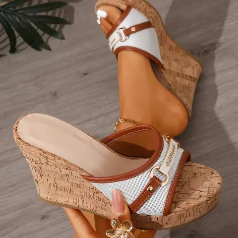 Women's Summer Fashion Classy Stylish Elegant Colorblock Bamboo buckle  Knit Mesh Breathable Wedge Heeled Platform Sandals, Open Toe Footwear, Wedge Sandal Shoes, Slip-On Round Toe Open Toe Comfort Thick Sole High Heels, Anti-Slip Sole