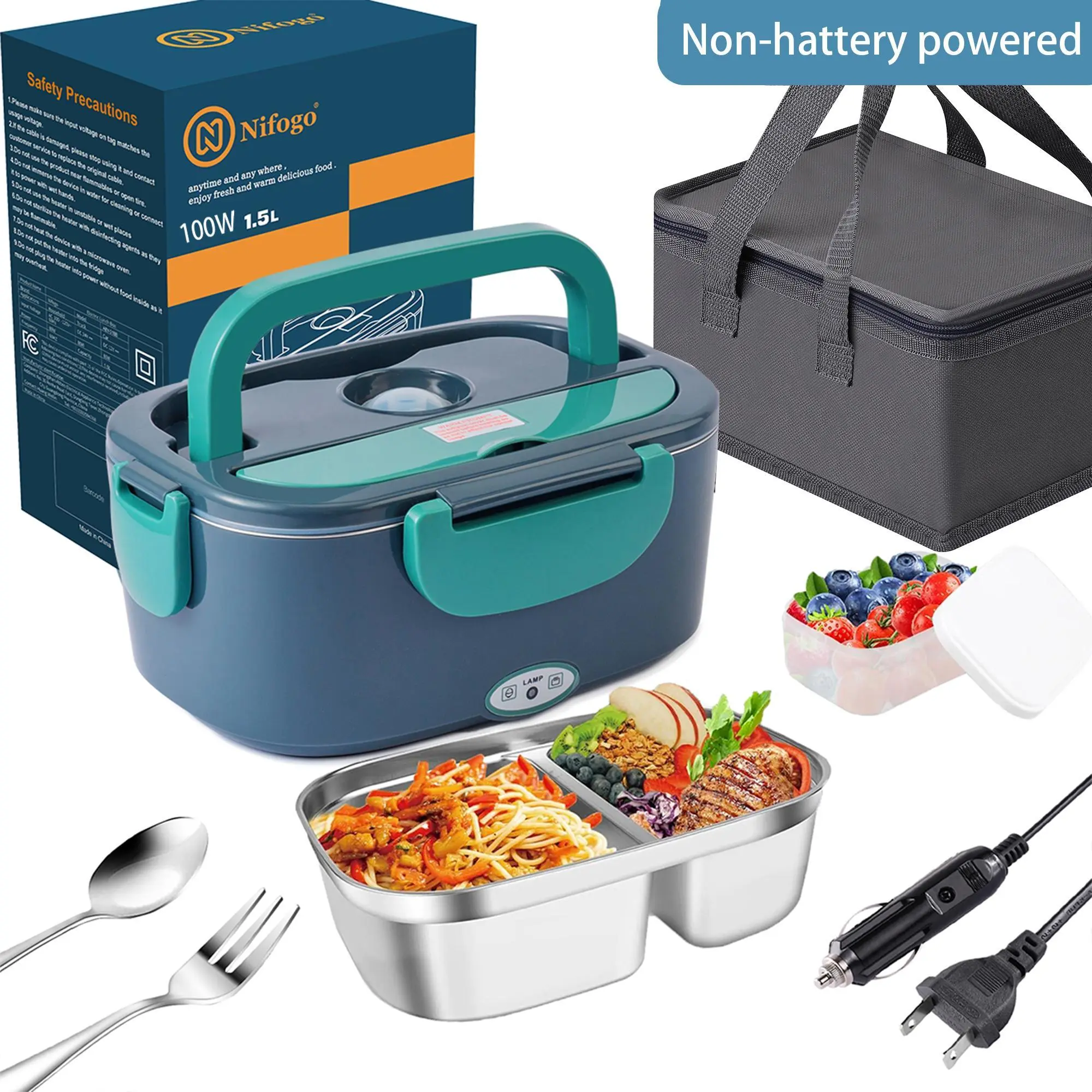 Nifogo Portable Electric Heated Lunchbox Warmer - 1.5/1.8L Leakproof Insulated Container, 110V/12V/24V for Car/Home Use, Includes Tableware & Carry Bag