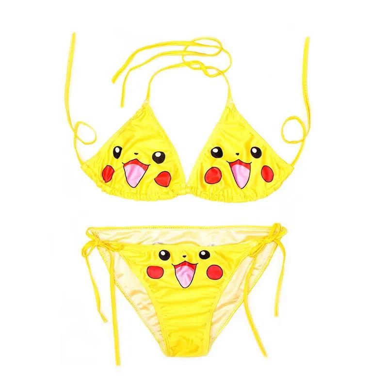 Pikachu-Inspired Three-Piece Bikini-Women's Yellow Halter Tie Triangle Bikini,Sexy Cartoon Two-Piece for Hot Spring Bathing Suit
