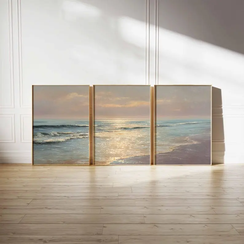 Sunset Ocean Poster Set of 3: Golden Beach Coastal Wall Art