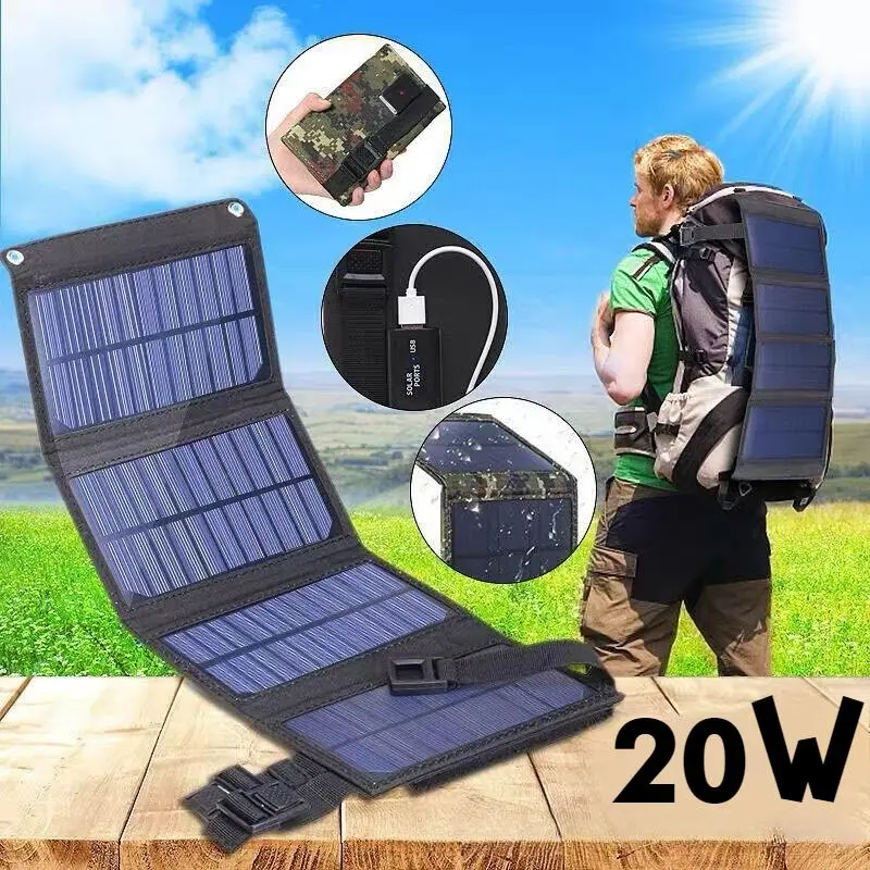 20W Portable Solar Panel Charger - Foldable Waterproof Power Supply, Lightweight Emergency Charger for Mobile Phones, Camping, Hiking and RVs, USB Output, High Efficiency for Outdoor Adventures