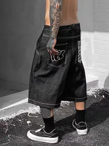 Men's Denim-Effect Print Wide Leg Jeans, Bell Bottom Jeans, Loose Casual Comfy Cowboy Style Shorts for Daily Wear, Men's Bottoms Pants for Summer
