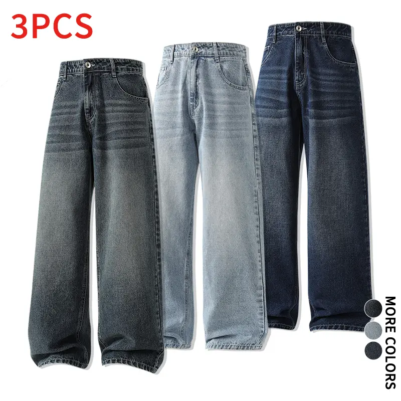 Men's Vintage Distressed Wide-Leg Denim Pants 3-Pack - Multiple Colors, Straight Cut, Fluid Drape, Trendy Casual Floor-Length Bottoms for Spring/Summer, Street Outings