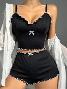 Women's 2-Piece Knit Minimalist Matching Basic Sleepwear Set, Lingerie Nightwear, Casual Elegant Fitted Spaghetti Strap Tank Top & Shorts, Soft Comfortable Womenswear Loungewear for All Seasons Outfit